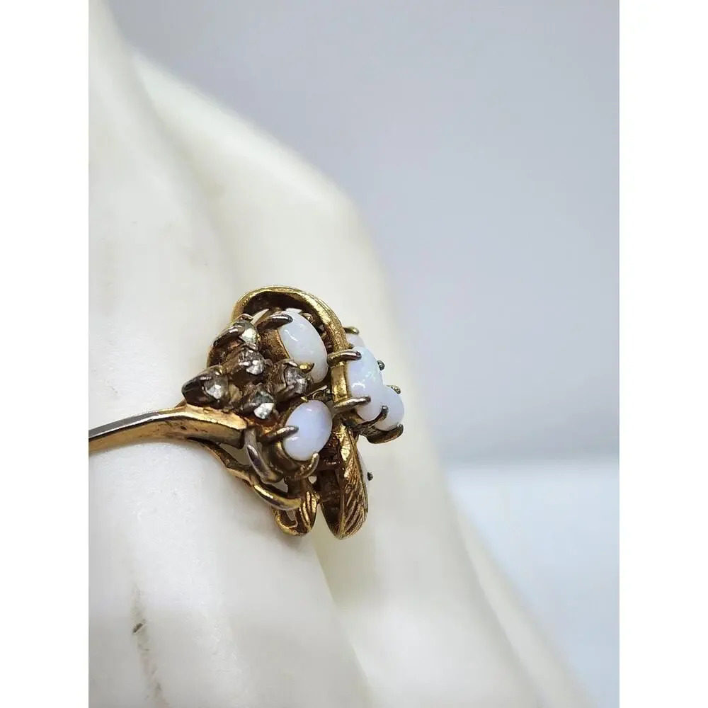 Vintage Opalene Rhinestone Cocktail Ring Gold Plated Floral Leaf Cluster Size 9